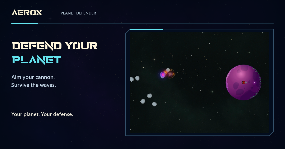 AeroX gameplay: a planet defended by turrets against incoming asteroids